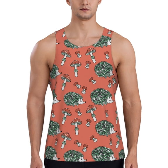 Fotbe Hedgehog Mushroom Pattern Men's Quick Dry Workout Tank Top Gym Muscle Tee Fitness Bodybuilding Sleeveless T Shirt Breathable Workout Shirt-4X-Large
