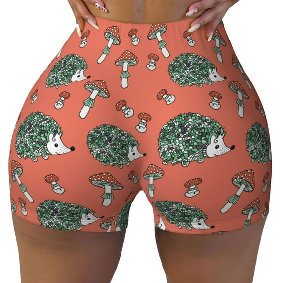 Fotbe Hedgehog Mushroom Seamless Shorts, Womens Workout Shorts High Waist Stretch Booty Short for Gym/Yoga/Running/Biking-Medium
