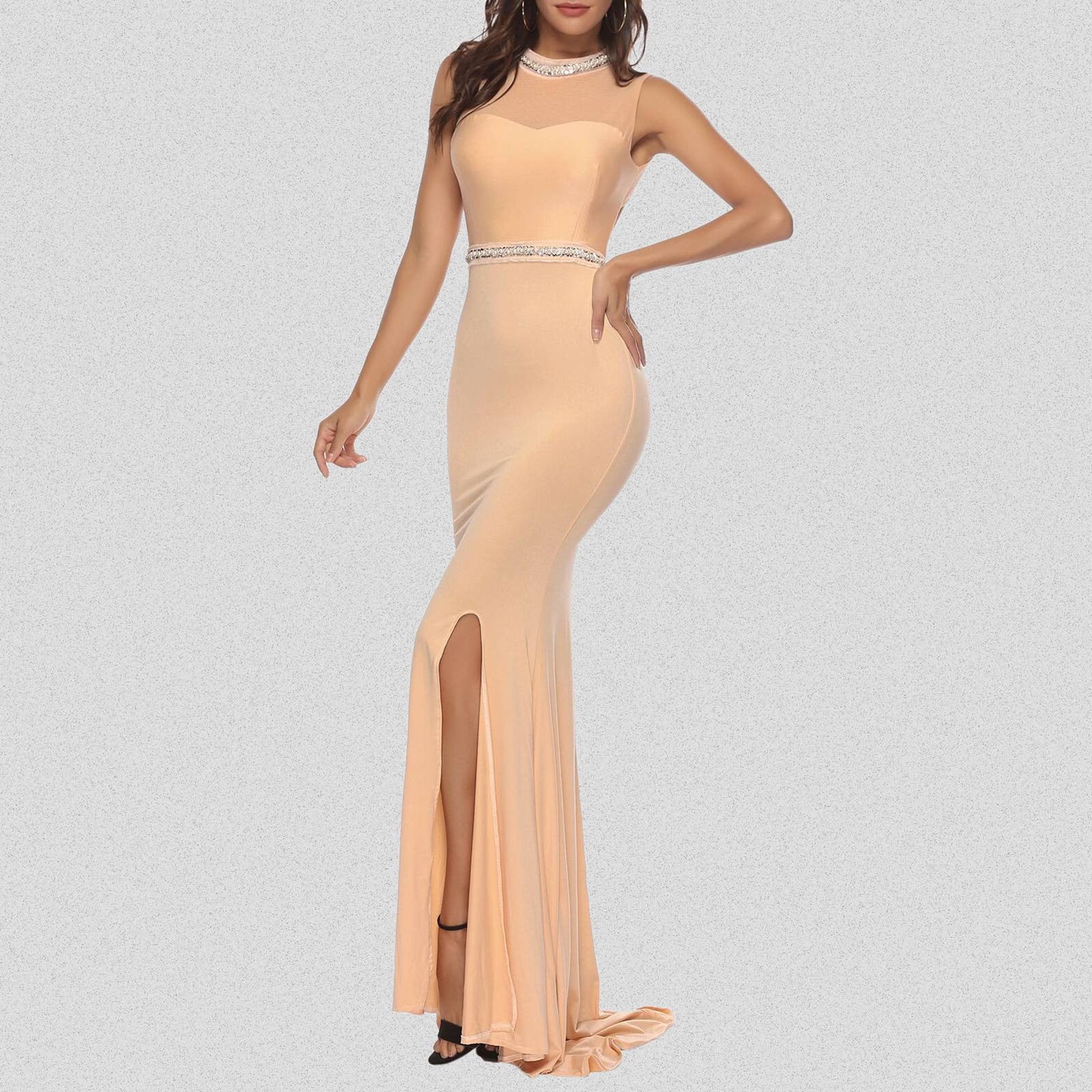 Women's Slim Fit Encrusted Backless Evening Dress With Train Women Dresses Formal Wear Prom Formal Dresses Long plus Size Petite Long Dresses for Women Evening Tie Evening Gowns for Women All Prom