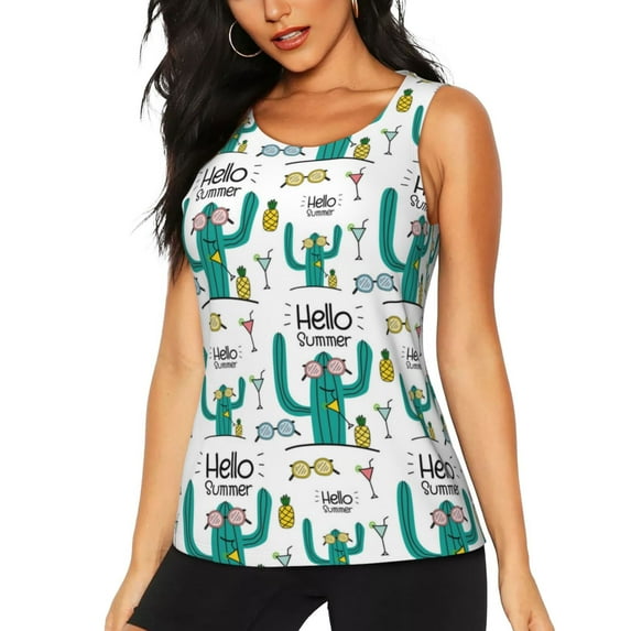 Fotbe Hello Summer Womens Loose Fit Casual Flowy Slim-Fit Tank Tops Athletic Round Neck Trendy Sleeveless Summer Tops for Gym and Yoga-