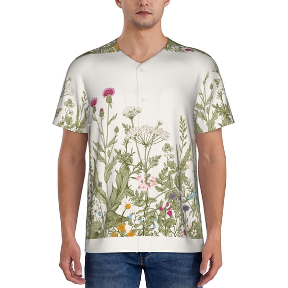 Fotbe Herbs and Wildflowers Baseball Jersey Shirt for Men and Women, Casual Short Sleeves Button Down T-Shirt-XX-Large