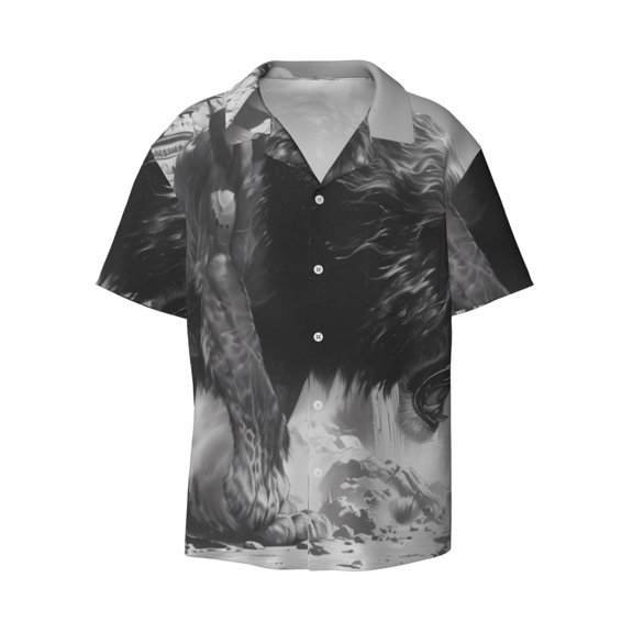 Fotbe Heroic Lion Encounter print Short Sleeve Button Down Shirts for Men Casual Summer Beach Wrinkle Free Shirt-Medium