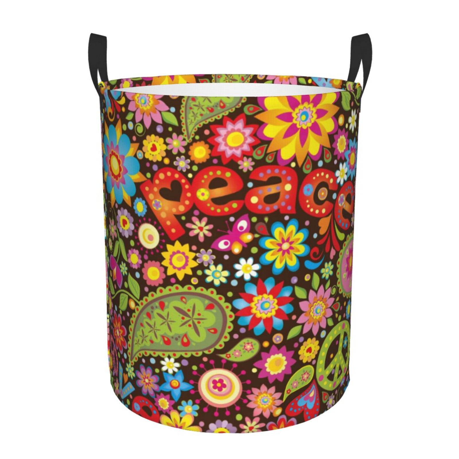 Fotbe Hippie Peace Love Laundry Basket with Handles, Waterproof Large