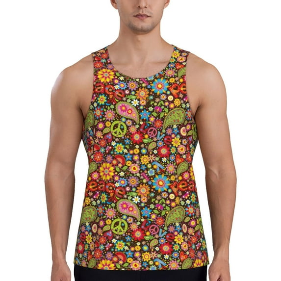 Fotbe Hippie Peace Love Pattern Men's Quick Dry Workout Tank Top Gym Muscle Tee Fitness Bodybuilding Sleeveless T Shirt Breathable Workout Shirt-XX-Large