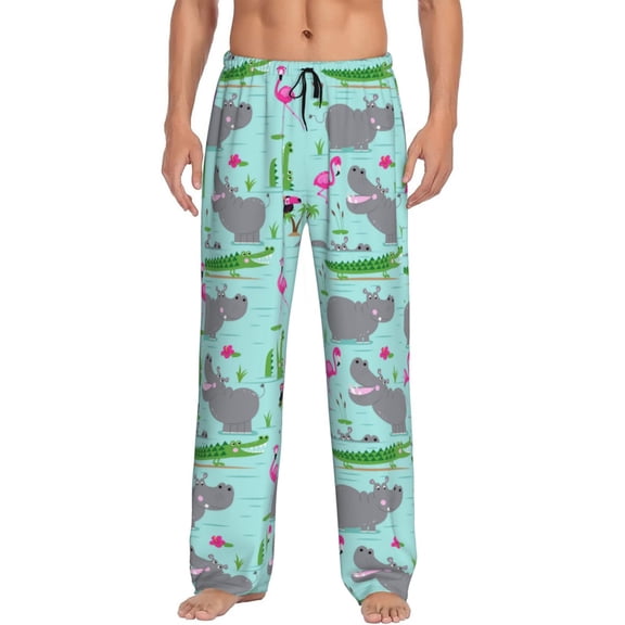 Fotbe Hippo With Flamingos And Crocodiles Men's Pajama Pants,Sleepwear Pants,Pj Bottoms Drawstring And Pockets-Medium