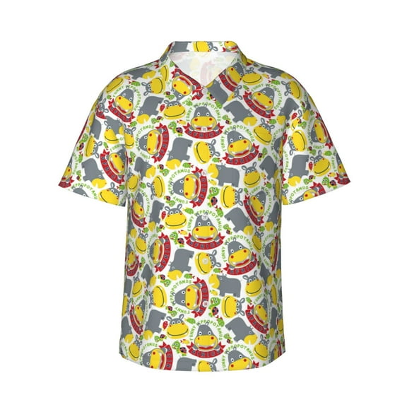 Fotbe Hippopotamus Hawaiian Shirt for Men Unisex Summer Beach Casual Short Sleeve Cotton Linen Button Down Shirts-Small