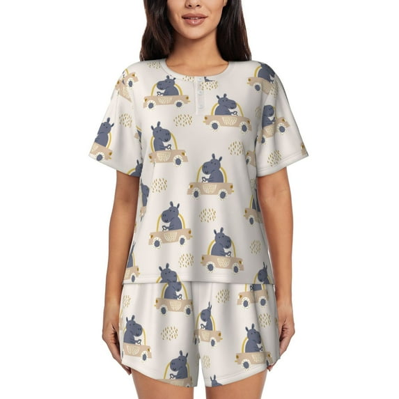 Fotbe Hippos Driving A Car Print Pajama Set for Women 2 Piece Loungewear Short Sleeve Tops and Shorts Set Soft Sleepwear-Large