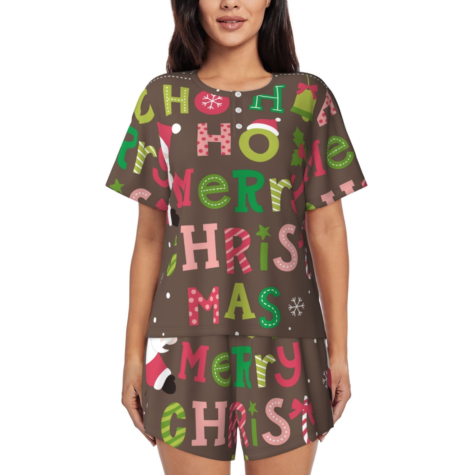 White Christmas Print Short Sleeve Shirt and Shorts Pajama Set