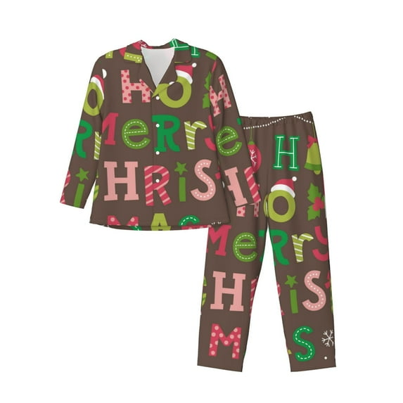 Fotbe Ho Ho Ho Merry Christmas Pattern Long Sleeve Pajama Set for Men,Sleepwear Set,2-piece Loungewear Set,Soft PJs Comfy Nightwear with Pockets-Small