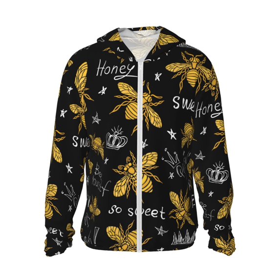 Fotbe Hohey Bee Golden Embroidery Men's Women's UPF 50+ Sun Protection Jacket Hooded Cooling Shirt with Pockets Hiking Outdoor Performance-Large