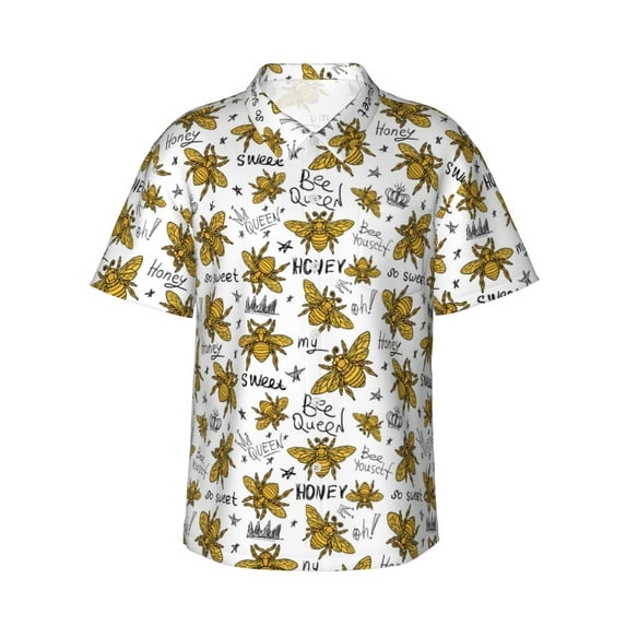 Fotbe Hohey Bee Golden2 Hawaiian Shirt for Men Unisex Summer Beach Casual Short Sleeve Cotton Linen Button Down Shirts-Medium