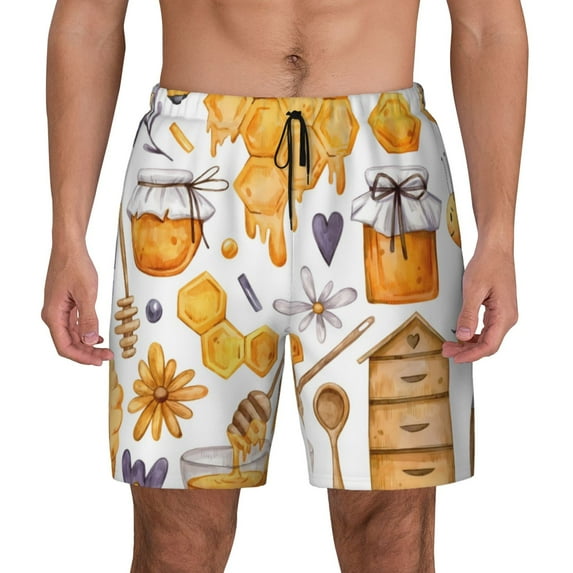 Fotbe Honey Bee Set Men’s Swim Trunks Quick Dry Swim Shorts Board Shorts with Mesh Lining-Small