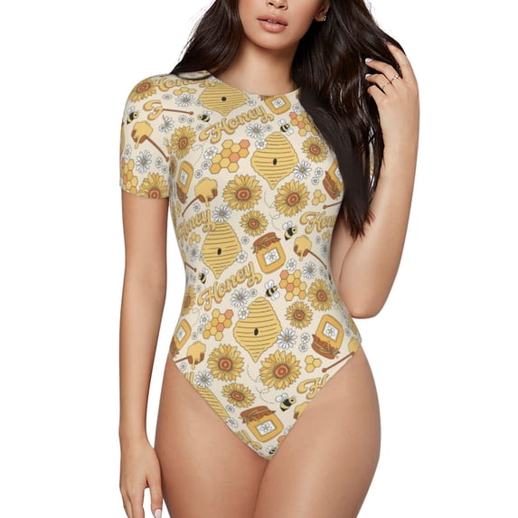 Fotbe Honey Honeycomb Women's Crew Neck Short Sleeves Bodysuit Tops Round Neck Slim Sleeveless Soft Comfortable Basic-X-Large