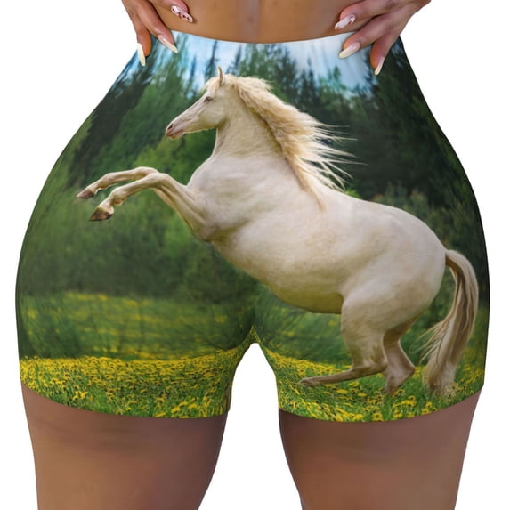 Fotbe Horse Rearing Up In The Field Seamless Shorts, Womens Workout Shorts High Waist Stretch Booty Short for Gym/Yoga/Running/Biking-Large