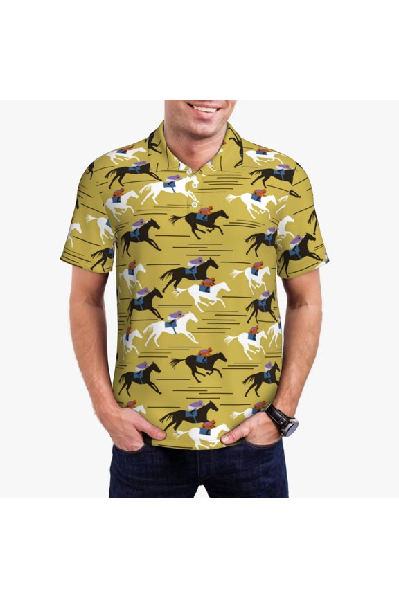 Horsemen In Horseraces Pattern Men’s Golf Polo Shirt – Breathable Performance Golf Shirt with Button-Down Collar-Large