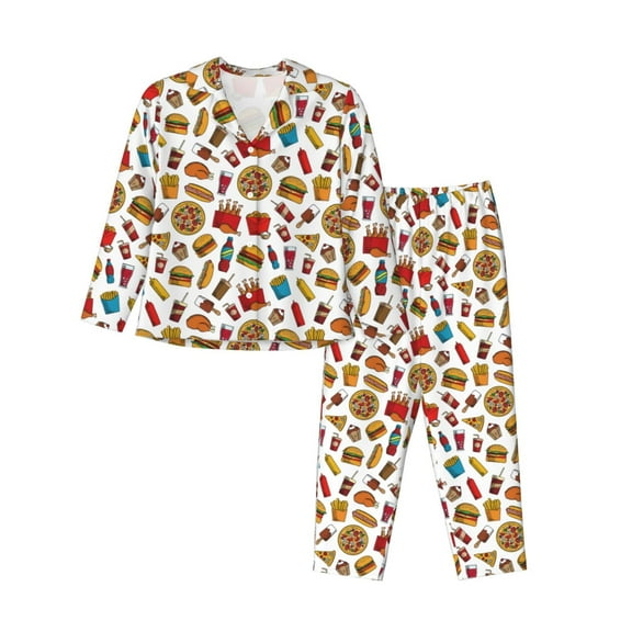 Fotbe Hot Dog Pizza Pattern Long Sleeve Pajama Set for Women,Sleepwear Set,2-piece Loungewear Set,Soft PJs Comfy Nightwear with Pockets -