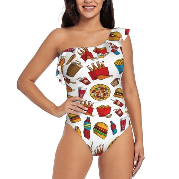 Fotbe Hot Dog Pizza Women's One Piece Swimsuits One Shoulder Swimwear Ruched Tummy Control Bathing Suits Cutout Monokini-Medium