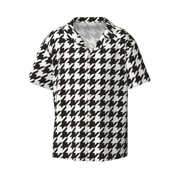Fotbe Houndstooth Black And White print Short Sleeve Button Down Shirts for Men Casual Summer Beach Wrinkle Free Shirt-4X-Large