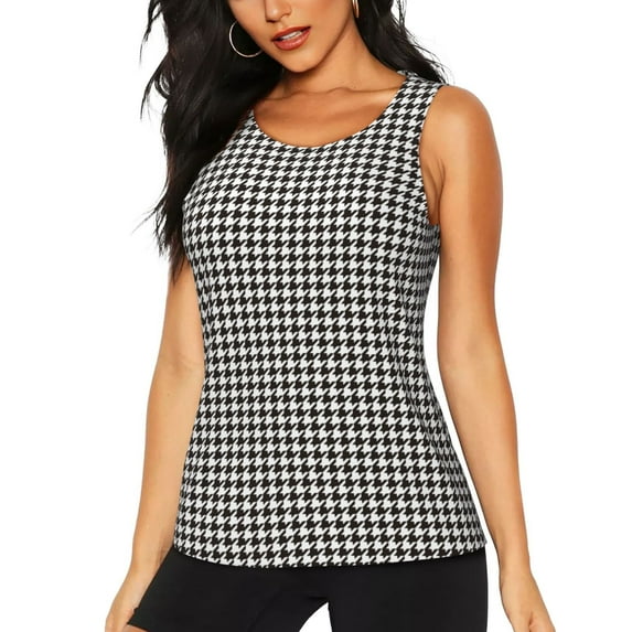 Fotbe Houndstooth Black And White Womens Loose Fit Casual Flowy Slim-Fit Tank Tops Athletic Round Neck Trendy Sleeveless Summer Tops for Gym and Yoga-X-Large
