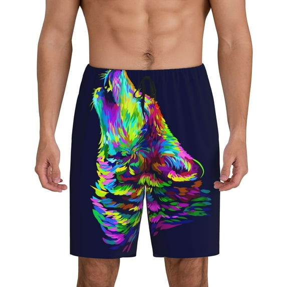 Fotbe Howling Wolf Pajama Shorts for Men, Men's Pajama Bottoms, Sleepwear,Short Pajama Pants-Small