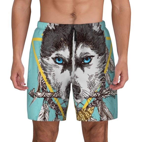 Fotbe Husky With Dreamcatcher Men’s Swim Trunks Quick Dry Swim Shorts Board Shorts with Mesh Lining-Small
