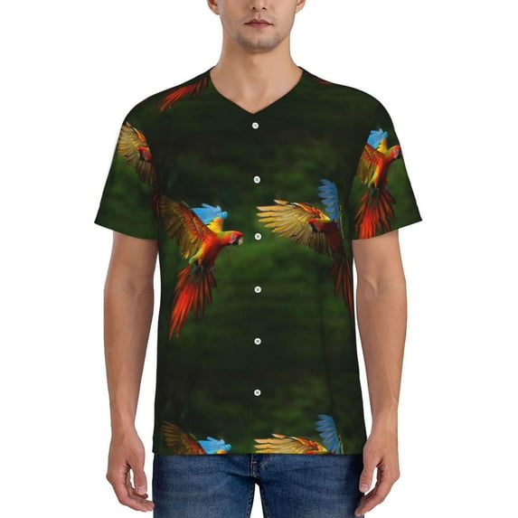 Fotbe Hybrid Parrot in the Forest Baseball Jersey Shirt for Men and Women, Casual Short Sleeves Button Down T-Shirt-Large