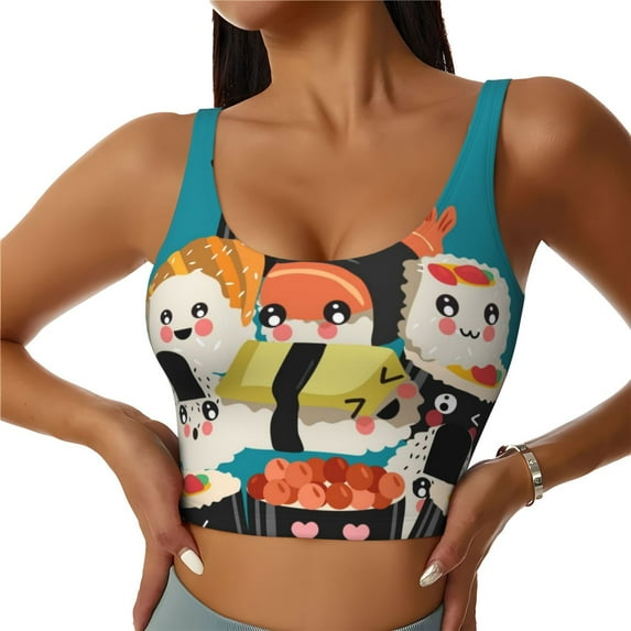 Fotbe I Love Sushi Pattern Womens' Sports Bra Longline Wirefree Padded with Medium Support Sports Moisture-Wicking Workou Vest,Tank Top-XX-Large