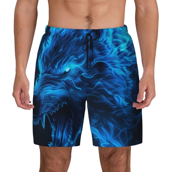 Fotbe Ice Blue Fire Wolf Men’s Swim Trunks Quick Dry Swim Shorts Board Shorts with Mesh Lining-3X-Large