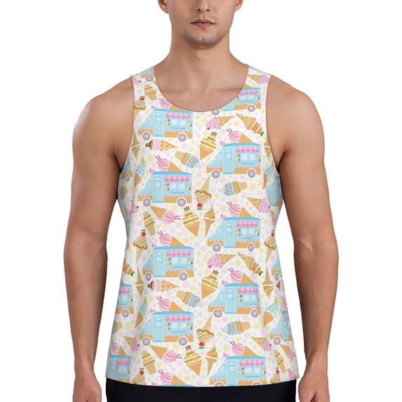 Fotbe Icecream Truck Pattern Men's Quick Dry Workout Tank Top Gym Muscle Tee Fitness Bodybuilding Sleeveless T Shirt Breathable Workout Shirt-3X-Large
