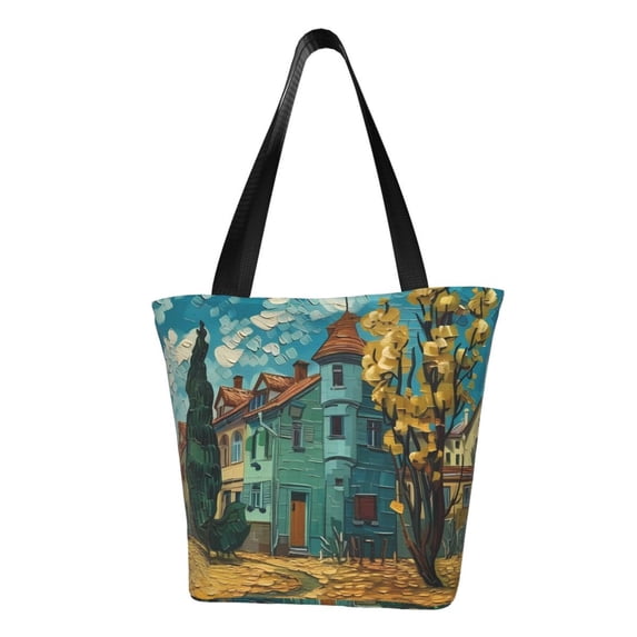 Fotbe Impressionist Village Sky Pattern Beach Tote,Shoulder Handbag,Spacious Tote Bag,Lightweight Travel Bag,Versatile Shopping Bag