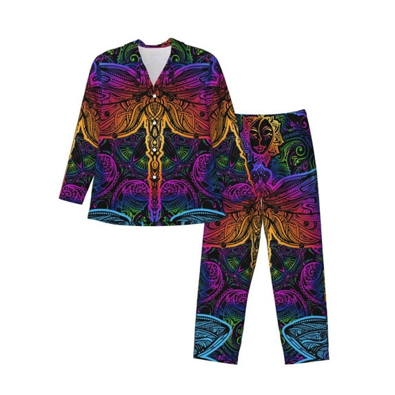 Fotbe Indian Mandalas Dragonfly Pattern Long Sleeve Pajama Set for Men,Sleepwear Set,2-piece Loungewear Set,Soft PJs Comfy Nightwear with Pockets-XX-Large