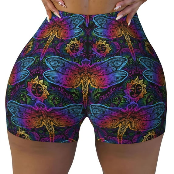 Fotbe Indian Mandalas Dragonfly Seamless Shorts, Womens Workout Shorts High Waist Stretch Booty Short for Gym/Yoga/Running/Biking-X-Large