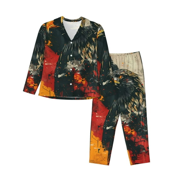 Fotbe Ink Style Bald Eagle Pattern Long Sleeve Pajama Set for Women,Sleepwear Set,2-piece Loungewear Set,Soft PJs Comfy Nightwear with Pockets -X-Large