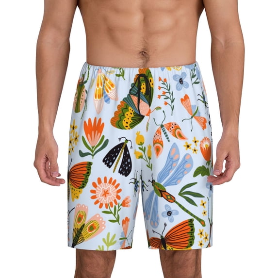 Fotbe Insects and Flowers Pajama Shorts for Men, Men's Pajama Bottoms, Sleepwear,Short Pajama Pants-Large