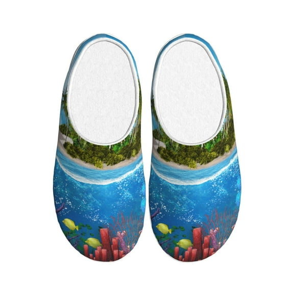 Fotbe Island And Coral Reef Pattern Women's Fuzzy Curly Fur Memory Foam Loafer Slippers Indoor Outdoor Slippers Winter Home Shoes-35/36