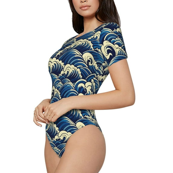 Fotbe Japanese Water Wave Women's Crew Neck Short Sleeves Bodysuit Tops Round Neck Slim Sleeveless Soft Comfortable Basic-XX-Large