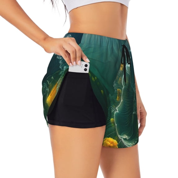 Fotbe Jelly Fish Womens High Waist Running Shorts Athletic Workout Quick Dry Shorts for Women with Pockets Gym Yoga Summer Shorts-