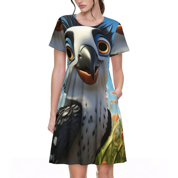 Fotbe Joyful Animated Bird Pattern Dress Casual Womens Fashion Short Sleeve Maxi Dress T Shirt Dress Striped Long Color Block Maxi Dress