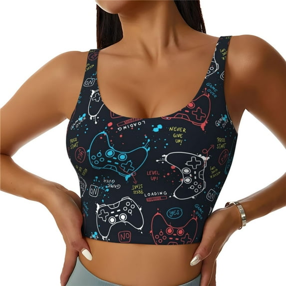 Fotbe Joystick Gamepad Pattern Womens' Sports Bra Longline Wirefree Padded with Medium Support Sports Moisture-Wicking Workou Vest,Tank Top-X-Large