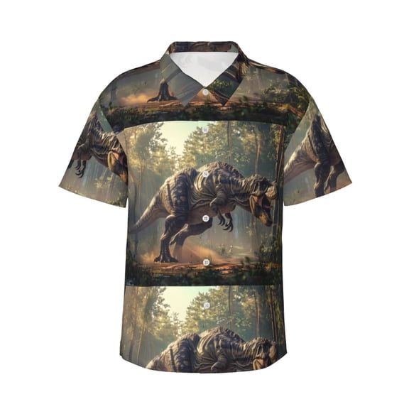 Fotbe Jungle Dinosaur Hawaiian Shirt for Men Unisex Summer Beach Casual Short Sleeve Cotton Linen Button Down Shirts-3X-Large