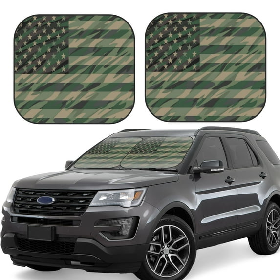 Fotbe Jungle Green Camo USA Flag 2-Piece Car Windshield Sun Shade | Sun Blocker for Car Windshield | Foldable Automotive Interior Accessories for Sun Protection-Large