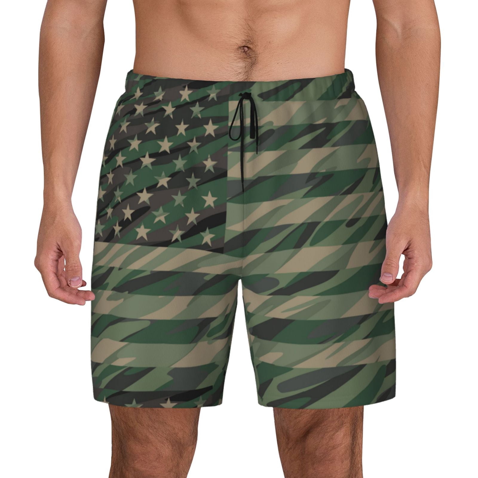 Fotbe Jungle Green Camo USA Flag Men's Swim Trunks Quick Dry Swim