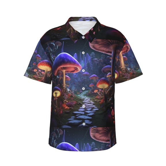 Fotbe Jungle Path Glowing Mushrooms Hawaiian Shirt for Men Unisex Summer Beach Casual Short Sleeve Cotton Linen Button Down Shirts-3X-Large