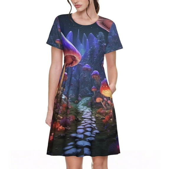 Fotbe Jungle Path Glowing Mushrooms Pattern Dress Casual Womens Fashion Short Sleeve Maxi Dress T Shirt Dress Striped Long Color Block Maxi Dress