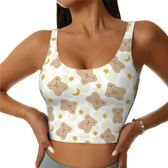 Fotbe Kawaii Bear Pattern Womens' Sports Bra Longline Wirefree Padded with Medium Support Sports Moisture-Wicking Workou Vest,Tank Top-XX-Large