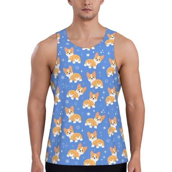 Fotbe Kawaii Corgi Pattern Men's Quick Dry Workout Tank Top Gym Muscle Tee Fitness Bodybuilding Sleeveless T Shirt Breathable Workout Shirt-X-Large