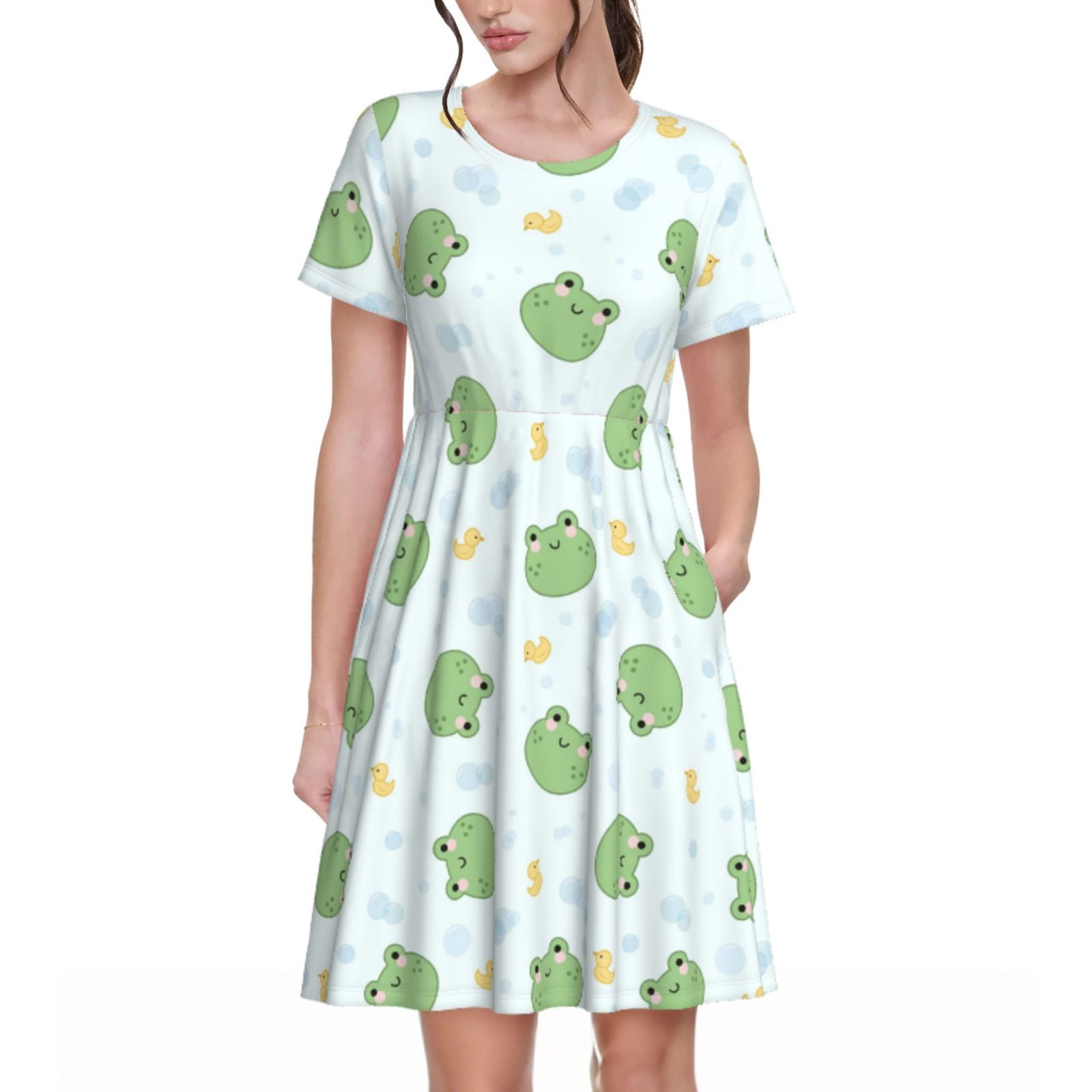 Fotbe Kawaii Frogs Pattern Dress Casual Womens Fashion Short Sleeve ...