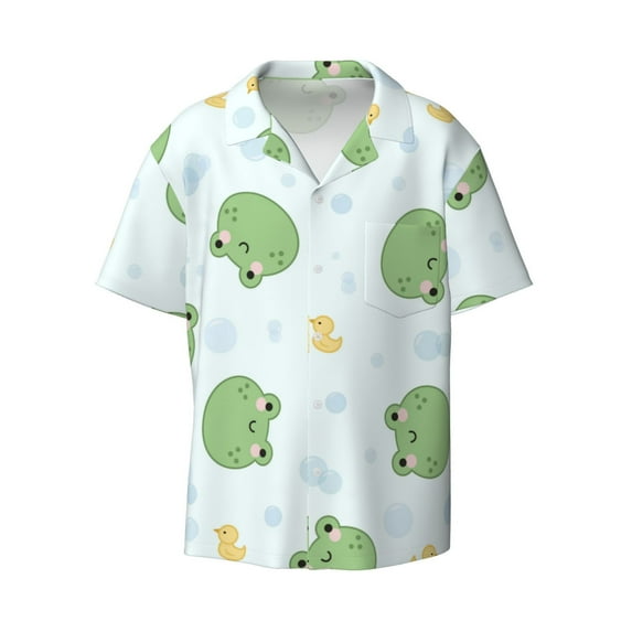 Fotbe Kawaii Frogs print Short Sleeve Button Down Shirts for Men Casual Summer Beach Wrinkle Free Shirt-Large