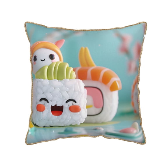 Fotbe Kawaii Sushi Characters Delight Pattern Velvet Decorative Throw Pillow Covers with Elegant Piping, Soft Plush Cushion Cover for Sofa, Bed, Car, Office-16"x16"