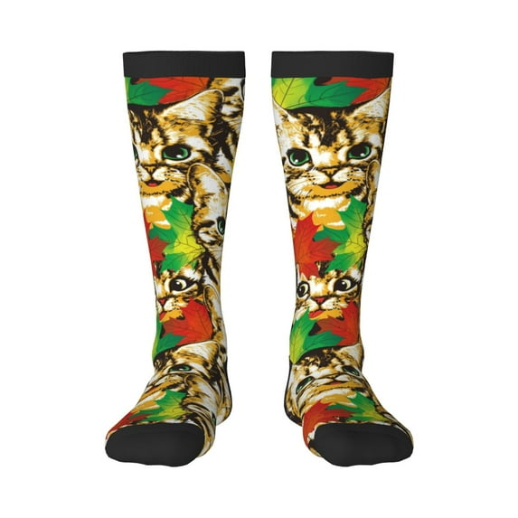 Fotbe Kittens With Maple Leaves print Women's Men's Novelty Crew Socks Cotton Socks Knee High Socks for Walking,Running,Nurses,Pregnancy